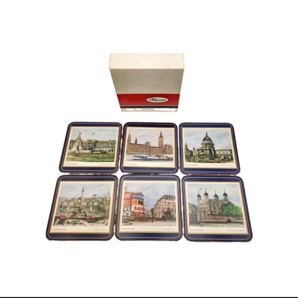 Vintage Pimpernel Coasters Set of 6 London Landmarks Scenes Cork Back England